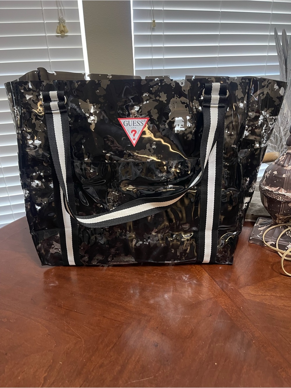 GUESS Clear Transparent Black PVC Tote y2k Beach Bag Shopping Festival Stadium